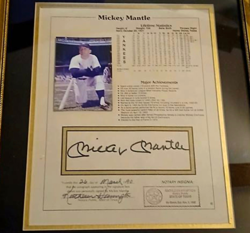 1990 Framed Mickey Mantle Signed Lifetime Stat Sheet with notarized authentication