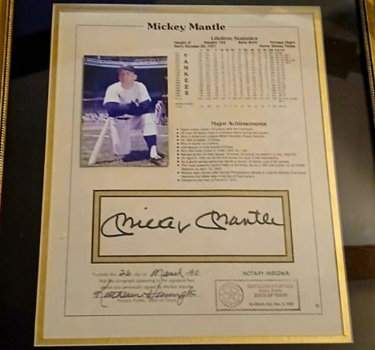 1990 Framed Mickey Mantle Signed Lifetime Stat Sheet with notarized authentication