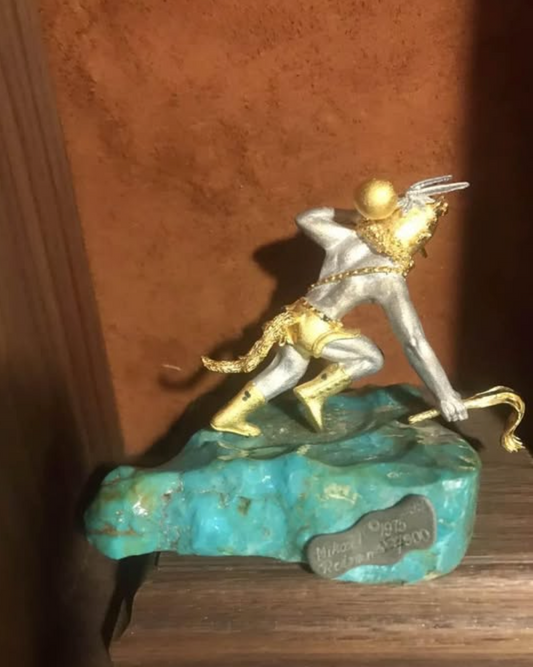 Mikael Redman .999 Pure Silver and Gold Gilt Native American Figure on Turquoise