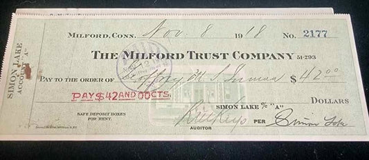 Autographed Check from Simon Lake to Geoffrey M. S. Inman